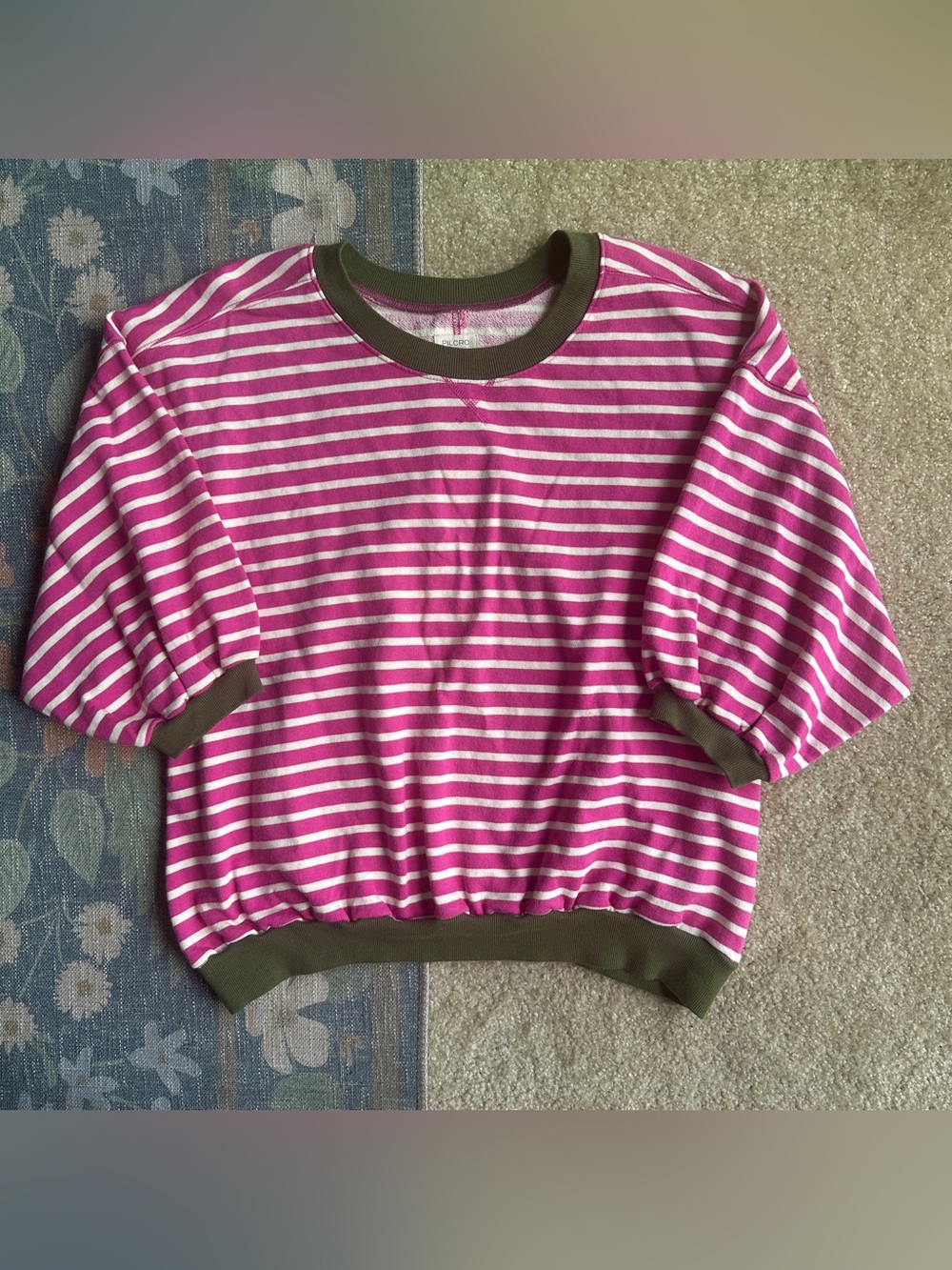 Pilcro Niki Cotton Bubble Sweatshirt Pink & White Striped with Olive Trim